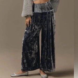 Anthropologie Blue Crushed Velvet Wide Leg Pull On Pants